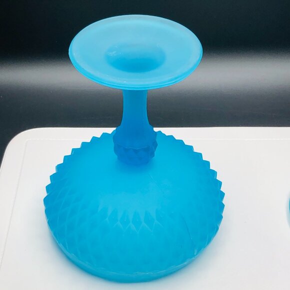 Vintage Indiana Glass Satin Mist Blue Diamond Point Candy Wedding Box Compote - Picture 6 of 14